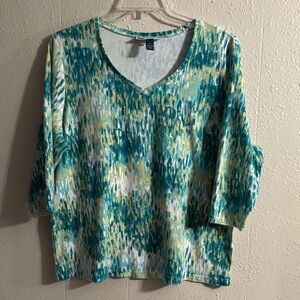 Karen Scott Teal and White Patterned Blouse